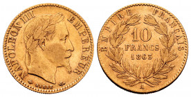 France. Napoleon III. 10 francs. 1863. Paris. A. (Km-800.1). Au. 3,18 g. Almost VF. Est...150,00. 


 SPANISH DESRCIPTION: Francia. Napoleón III. 1...