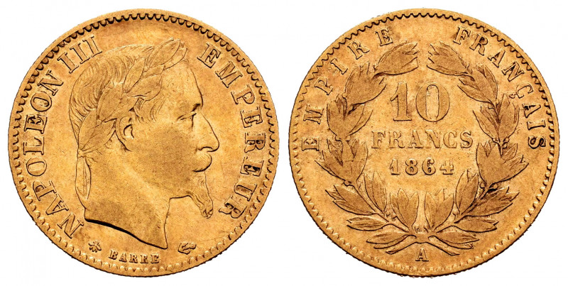 France. Napoleon III. 10 francs. 1864. Paris. A. (Km-800.1). Au. 3,17 g. Almost ...