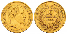 France. Napoleon III. 10 francs. 1866. Strasbourg. BB. (Gad-1015). (Fried-587). Au. 3,20 g. Choice VF. Est...150,00. 


 SPANISH DESRCIPTION: Franc...