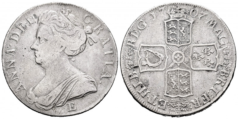 Great Britain. Anna. 1 crown. 1707. Edinburgh. E. (Km-526.2). Ag. 29,66 g. Scarc...