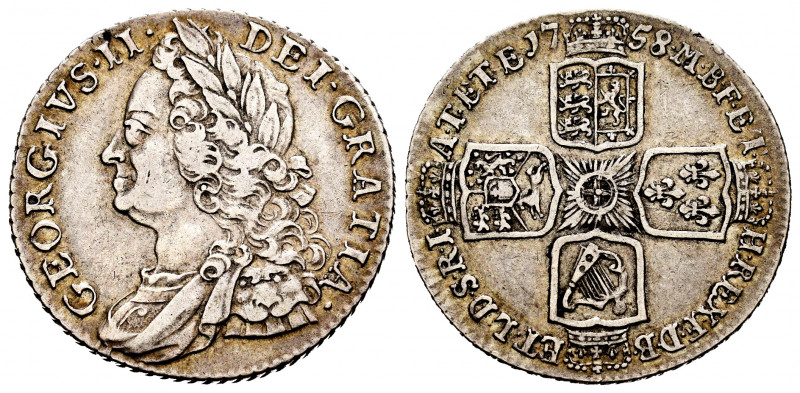 Great Britain. George II. 1 shilling. 1758. London. (Km-583.3). Ag. 5,94 g. Choi...
