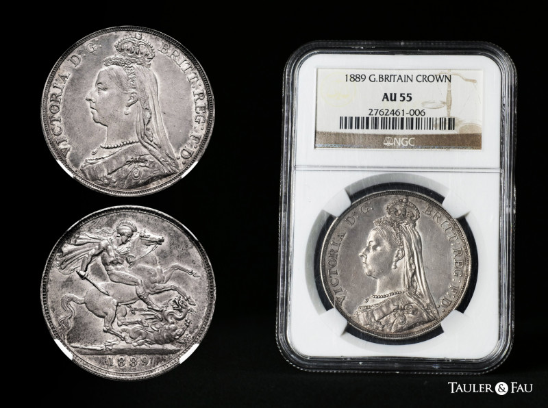 Great Britain. Victoria Queen. 1 crown. 1889. (Km-765). Ag. Slabbed by NGC as AU...