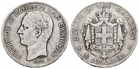 Greece. George I. 5 drachms. 1875. Paris. A. (Km-46). Ag. 24,61 g. Knock on edge. Choice F. Est...30,00. 


 SPANISH DESRCIPTION: Grecia. George I....