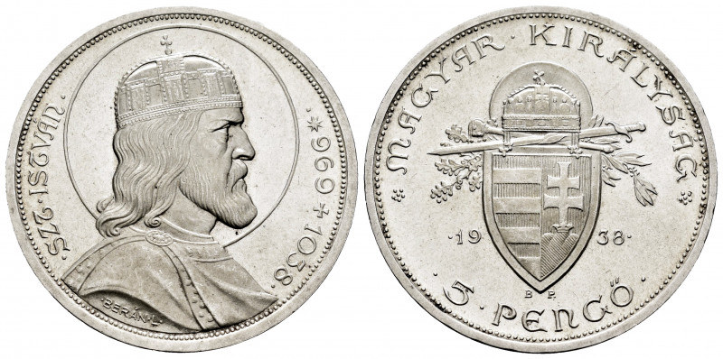 Hungary. 5 pengo. 1938. (Km-516). Ag. 25,11 g. Plenty of original luster. Mint S...