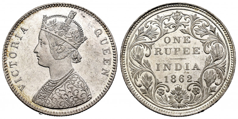 British India. Victoria Queen. 1 rupee. 1862. Calcutta. (Km-473.1). Ag. 11,73 g....