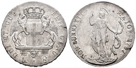 Italy. 8 lire. 1797. Genoa. (Mir-309/6). (Mont-47). Ag. 33,17 g. Slight defect on edge. Rare. Choice VF. Est...350,00. 


 SPANISH DESRCIPTION: Ita...
