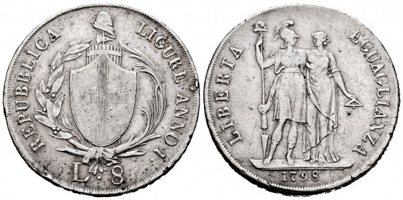 Italy. Ligurian Republic. 8 lire. 1798. Genoa. (Km-266.1). (Dav-1371). Ag. 33,04...
