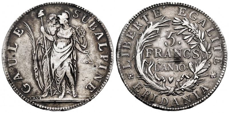 Italy. Subalpine Republic. 5 francs. L'An 10 (1801/2). Torino. (Km-C4). Ag. 24,7...
