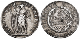Italy. Subalpine Republic. 5 francs. L'An 10 (1801/2). Torino. (Km-C4). Ag. 24,70 g. Nicks on edge. Choice VF. Est...120,00. 


 SPANISH DESRCIPTIO...