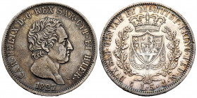 Italy. Sardinia. Carlo Felice. 5 lire. 1827. (Km-116.2). (Pagani-72). (Mont-64). Ag. 24,82 g. Patina on obverse. Choice VF. Est...125,00. 


 SPANI...