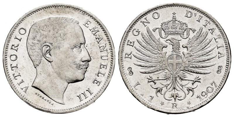 Italy. Vittorio Emanuele III. 1 lira. 1907. Rome. R. (Km-32). (Mont-192). Ag. 4,...