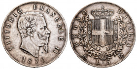Italy. Vittorio Emanuele II. 5 lire. 1870. Milano. M/BN. (Km-8.3). (Pagani-490). (Mont-172). Ag. 24,88 g. Nicks on edge. VF. Est...35,00. 


 SPANI...