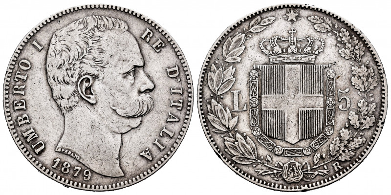Italy. Umberto I. 5 lire. 1879. Rome. R. (Km-20). (Pagani-560). (Mont-33). Ag. 2...