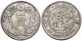 Japan. Mutsuhito. 1 yen. Year 29 (1896). (Km-Y28a.5). Ag. 26,89 g. Scarce. Almost VF. Est...40,00. 


 SPANISH DESRCIPTION: Japón. Mutsuhito. 1 yen...