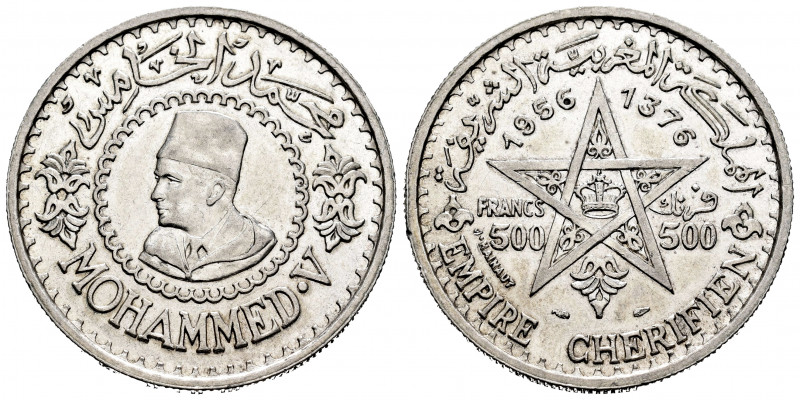 Morocoo. Mohamad V. 500 francs. 1956 (1376 H). (Km-54). Ag. 22,50 g. Original lu...