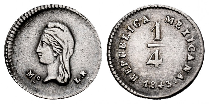 Mexico. 1/4 real. 1843. México. LR. (Km-368.6). Ag. 0,85 g. Choice VF. Est...30,...