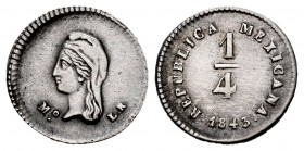 Mexico. 1/4 real. 1843. México. LR. (Km-368.6). Ag. 0,85 g. Choice VF. Est...30,00. 


 SPANISH DESRCIPTION: México. 1/4 real. 1843. México. LR. (K...