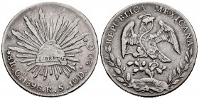 Mexico. 8 reales. 1896. Guanajuato. RS. (Km-377.8). Ag. 26,54 g. Almost VF. Est...30,00. 


 SPANISH DESRCIPTION: México. 8 reales. 1896. Guanajuat...