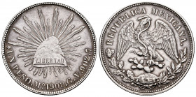 Mexico. 1 peso. 1908. México. GV. (Km-409.2). Ag. 26,93 g. Almost XF/Choice VF. Est...35,00. 


 SPANISH DESRCIPTION: México. 1 peso. 1908. México....