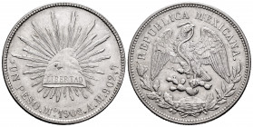 Mexico. 1 peso. 1908. México. AM. (Km-409.2). Ag. 27,02 g. Choice VF. Est...35,00. 


 SPANISH DESRCIPTION: México. 1 peso. 1908. México. AM. (Km-4...