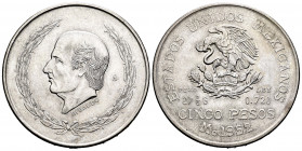 Mexico. 5 pesos. 1952. México. (Km-467). Ag. 27,67 g. HIDALGO. Almost UNC. Est...25,00. 


 SPANISH DESRCIPTION: México. 5 pesos. 1952. México. (Km...
