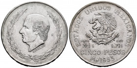 Mexico. 5 pesos. 1953. México. (Km-467). Ag. 27,65 g. HIDALGO. AU. Est...25,00. 


 SPANISH DESRCIPTION: México. 5 pesos. 1953. México. (Km-467). A...