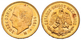 Mexico. 5 pesos. 1955. (Km-464). Au. 4,20 g. Almost UNC. Est...200,00. 


 SPANISH DESRCIPTION: México. 5 pesos. 1955. (Km-464). Au. 4,20 g. SC-. E...
