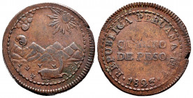 Peru. 1/4 peso. 1823. Lima. V. (Km-138). Ae. 9,23 g. VF/Almost VF. Est...40,00. 


 SPANISH DESRCIPTION: Perú. 1/4 de peso. 1823. Lima. V. (Km-138)...