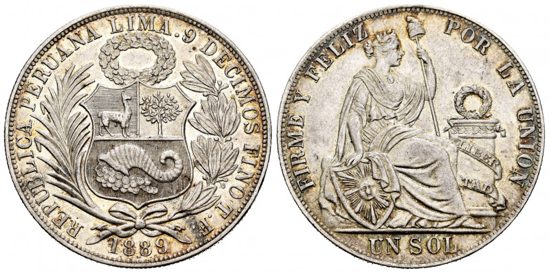 Peru. 1 sol. 1889. Lima. TF. (Km-196.24). Ag. 24,92 g. AU. Est...35,00. 


 S...