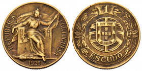 Portugal. 1 escudo. 1926. (Km-576). (Gomes-24.02). Ae. 7,95 g. Scarce. Choice VF. Est...110,00. 


 SPANISH DESRCIPTION: Portugal. 1 escudo. 1926. ...