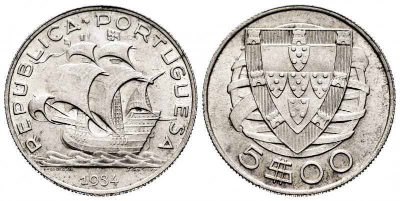 Portugal. 5 escudos. 1934. (Gomes-35.03). (Km-581). Ag. 7,08 g. AU/Almost UNC. E...