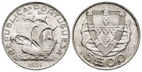 Portugal. 5 escudos. 1934. (Gomes-35.03). (Km-581). Ag. 7,08 g. AU/Almost UNC. Est...40,00. 


 SPANISH DESRCIPTION: Portugal. 5 escudos. 1934. (Go...