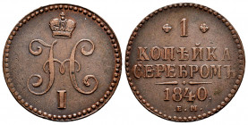 Russia. Nicholas I. 1 kopeck. 1840. Ekaterinburg. EM. (Bitkin-557). (Km-C144.1). Ae. 10,82 g. Scarce. VF. Est...50,00. 


 SPANISH DESRCIPTION: Rus...