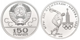 Russia. 150 roubles. 1978. (Km-Y163). Platinum. 15,59 g. 1980 Olympics. PR. Est...500,00. 


 SPANISH DESRCIPTION: Rusia. 150 roubles. 1978. (Km-Y1...