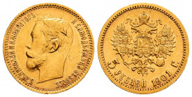 Russia. Nicholas II. 5 rouble. 1901. (Bitkin-27). Au. 4,30 g. Almost XF. Est...220,00. 


 SPANISH DESRCIPTION: Rusia. Nicholas II. 5 roubles. 1901...
