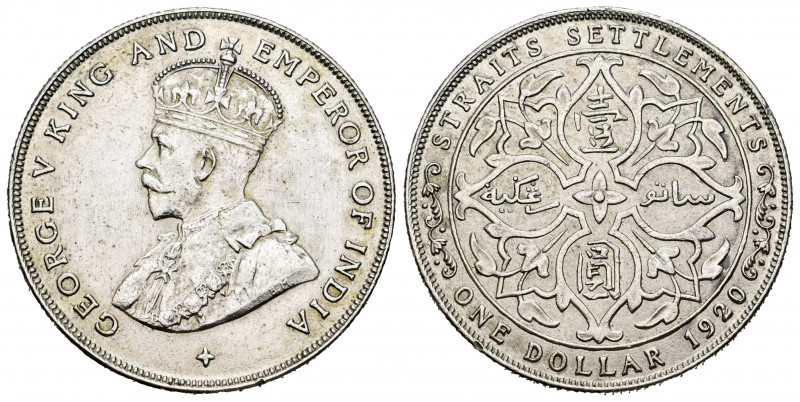 Straits Settlements. 1 dollar. 1920. (Km-33). Ag. 16,84 g. Scarce. XF. Est...100...