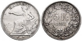 Switzerland. 5 francs. 1851. Paris. A. (Km-11). Ag. 24,95 g. VF/Choice VF. Est...220,00. 


 SPANISH DESRCIPTION: Suiza. 5 francs. 1851. París. A. ...