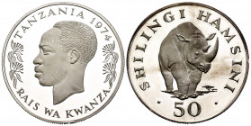 Tanzania. 50 shilingi. 1974. (Km-8a). Ag. 35,36 g. PR. Est...50,00. 


 SPANISH DESRCIPTION: Tanzania. 50 shilingi. 1974. (Km-8a). Ag. 35,36 g. PRO...