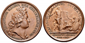 France. Louis XIV. Medal. 1675. Campaña de Cataluña. (Divo-148). Anv.: Head to the right of Louis XIV. Engraver Jean Mauger. Rev.: CATALONIAE ADITUS O...