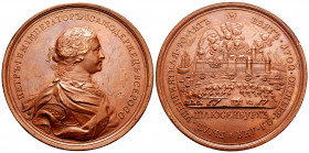Russia. Peter I. Medal. 1702. (Diakov-15.3). Anv.: Bust right. Rev.: The Capture of Shlisselburg. Leyend: held by the enemy for 90 years, she has now ...