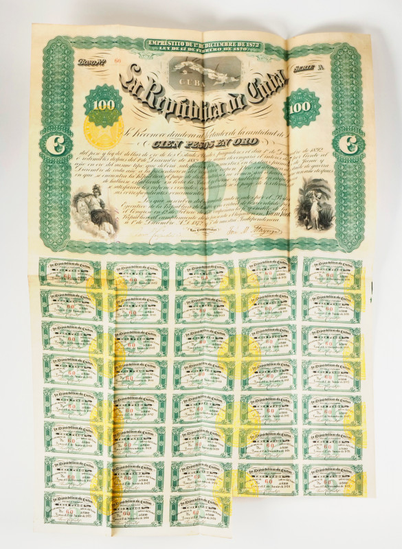 Cuba. Loan 100 Pesos. December 1ts, 1872. LA REPÚBLICA DE CUBA. Serie A nº 60. D...
