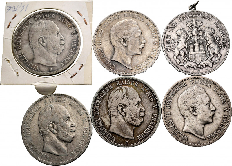 Germany. Lot of 6 silver coins of 5 mark 1875, 1876 (2), 1899, 1902, 1907 (with ...