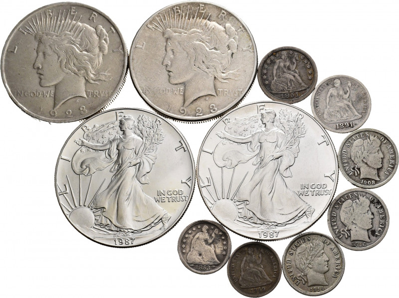 United States. Lot of 11 United States silver coins, 8 of 1 dime (1851, 1853, 18...