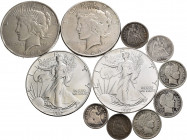 United States. Lot of 11 United States silver coins, 8 of 1 dime (1851, 1853, 1869, 1891, 1908, 1914, 1916), 2 of 1 dollar (1923), 2 of 1 ounce (1987)...