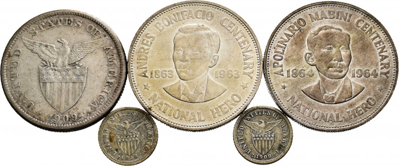 Philippines. Lot of 5 Philippine silver coins, 2 of 10 centavos (1908, 1918), 3 ...