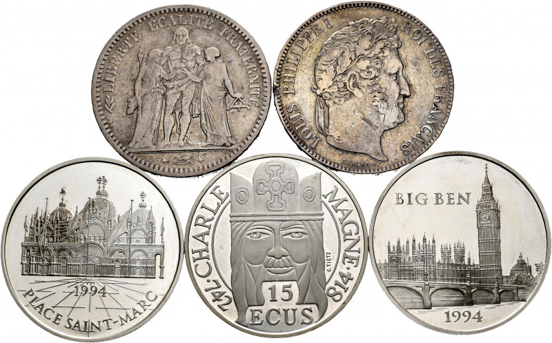 France. Lot of 5 silver coins, 2 of 5 francs (1849, 1834) and 3 of 100 francs - ...