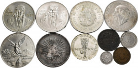Mexico. Lot of 11 Mexican coins, 2 copper 1 centavo pieces (1890, 1924), and 9 silver pieces, 2 5 centavos (1892, 1914), 1 1 peso (1899), 1 5 pesos (1...