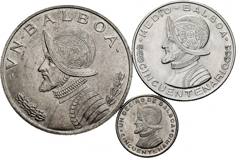 Panama. Lot of 3 silver coins from Panama, 1/10, 1/2 and 1 balboa. TO EXAMINE. E...
