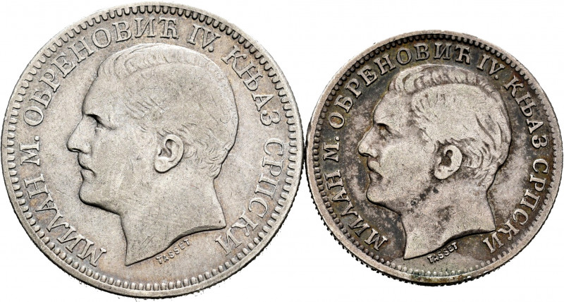 Serbia. Lot of 2 silver coins of 1879 of 1 and 2 dinara. TO EXAMINE. Almost VF/V...