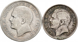 Serbia. Lot of 2 silver coins of 1879 of 1 and 2 dinara. TO EXAMINE. Almost VF/VF. Est...40,00. 


 SPANISH DESRCIPTION: Serbia. Lote de 2 monedas ...